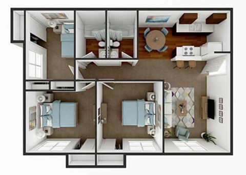 Floor plan for 3 beds, 2 baths, 1052 sqft